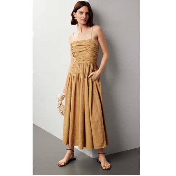 TOCCIN Women's Brown Khaki Square Neck Ruched Bodice Tie Waist Midi Dress Size 8 - Picture 1 of 16